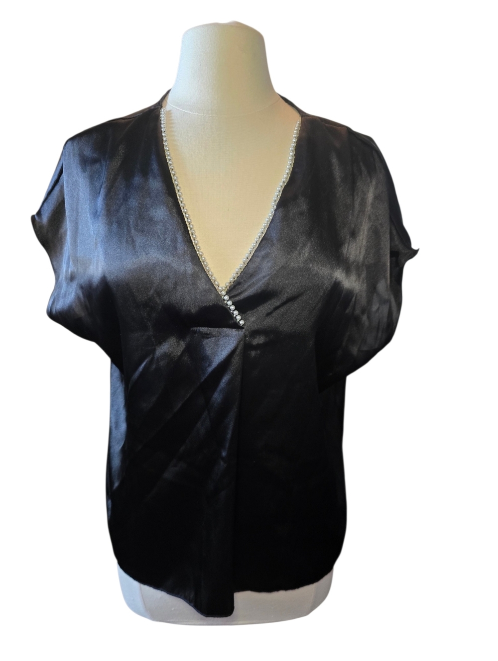Nicole Miller New York Blouse Womens Size Large Black Satin Rhinestones